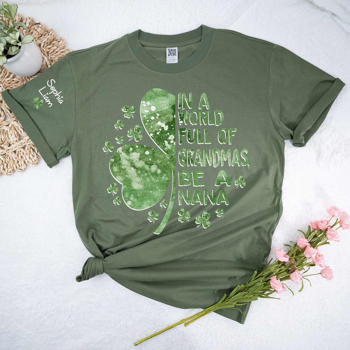 In A World Full Of Grandmas Be A Nana Shirt, St Patrick’s Day Nana Shirt With Shamrock, Personalized Grandma Shirt With Kids Names
