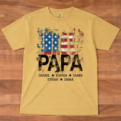 Comfort Colors® Papa American Flag Shirt With Name, Personalized Dad T Shirt Patriotic Style