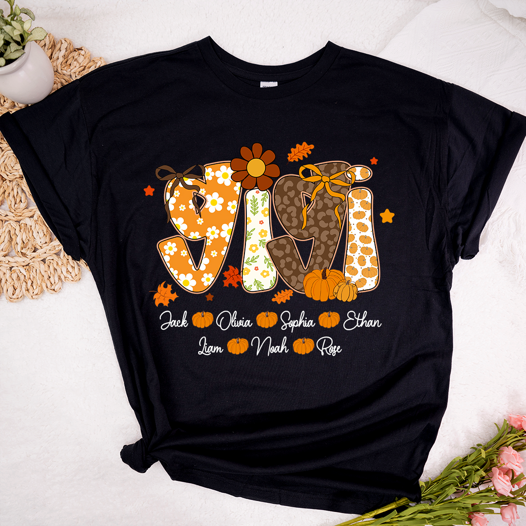 Personalized Pumkin Grandma TShirt, Custom Gigi Nickname with Kids’ Names