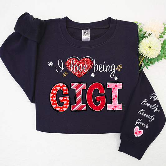 I Love Being Gigi Heart With Grandkids Names On Sleeve Sweatshirt, Personalized Mother's Day Gift