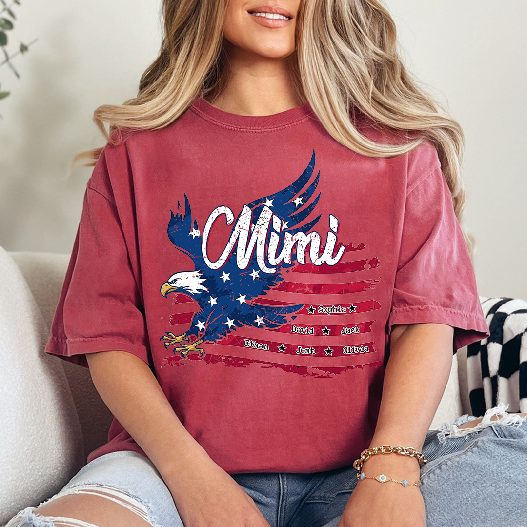 Custom NameEagle T Shirt, Personalized Grandkids Names American Flag Eagle Shirt 4th of July Gift for Grandma