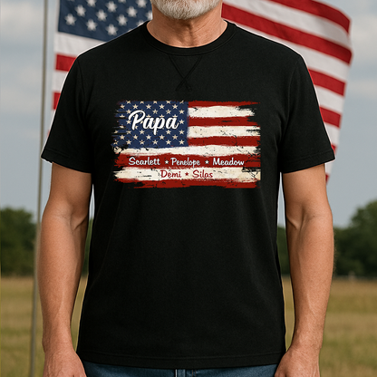 Grandpa With Grandkids Names 4th Of July Flag Classic X-Stitch Tee