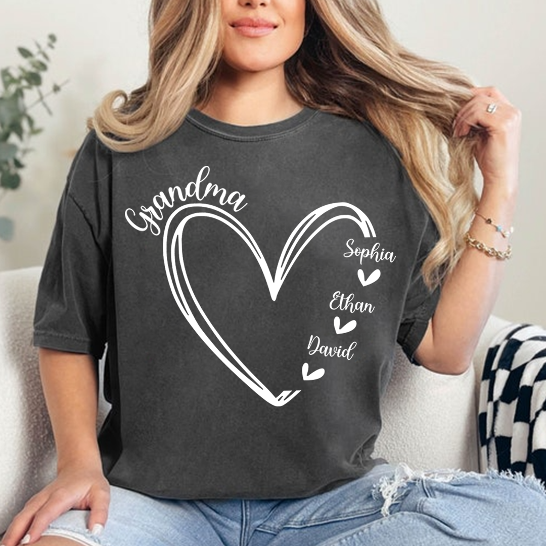 Personalized Grandma Heart Tshirt, Custom Nickname for Grandma and Kids