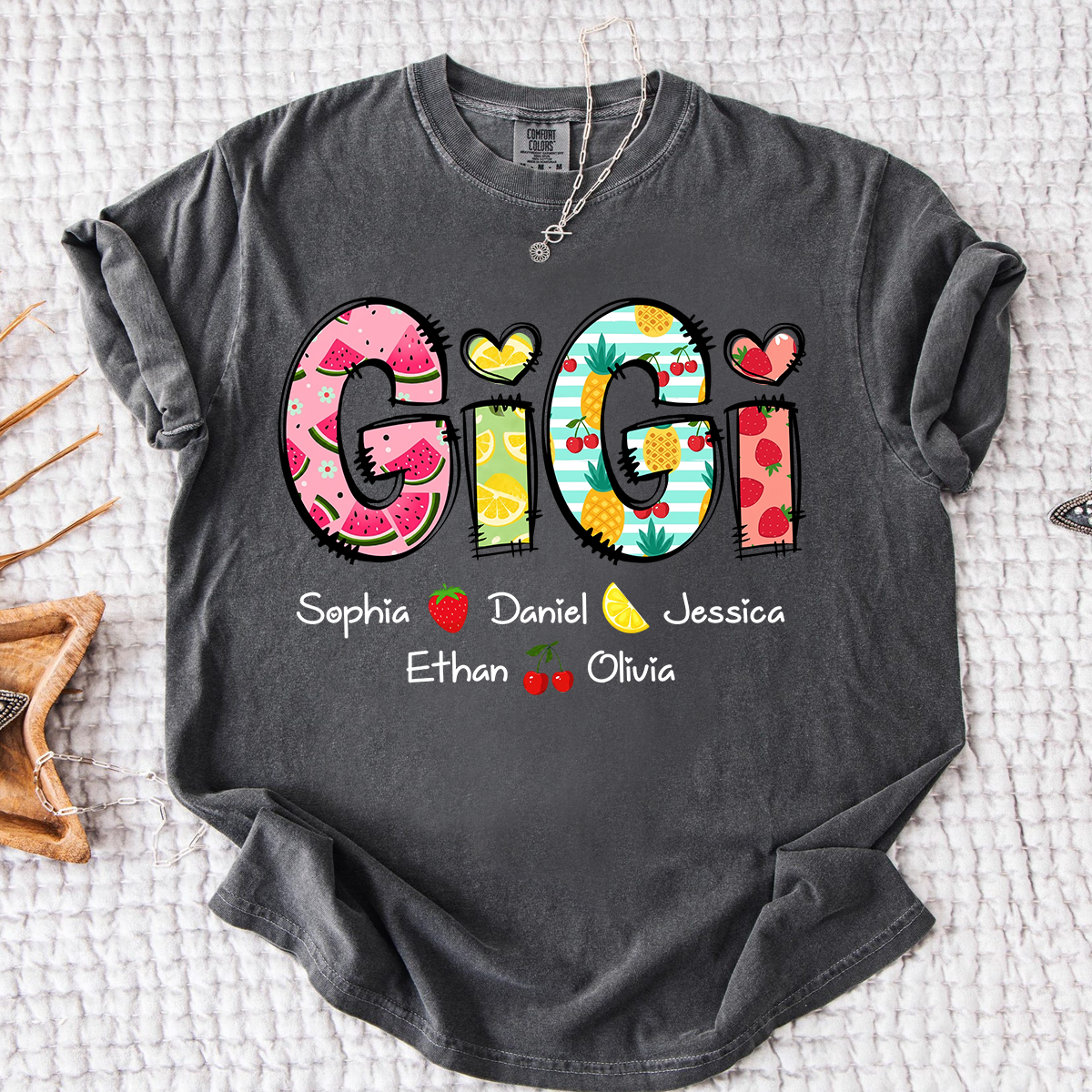 Comfort Colors Custom Gigi Shirt with Kids Names, Personalized Grandma Summer T Shirt, Fruit Pattern Graphic Tee for Nana Mimi Grammy