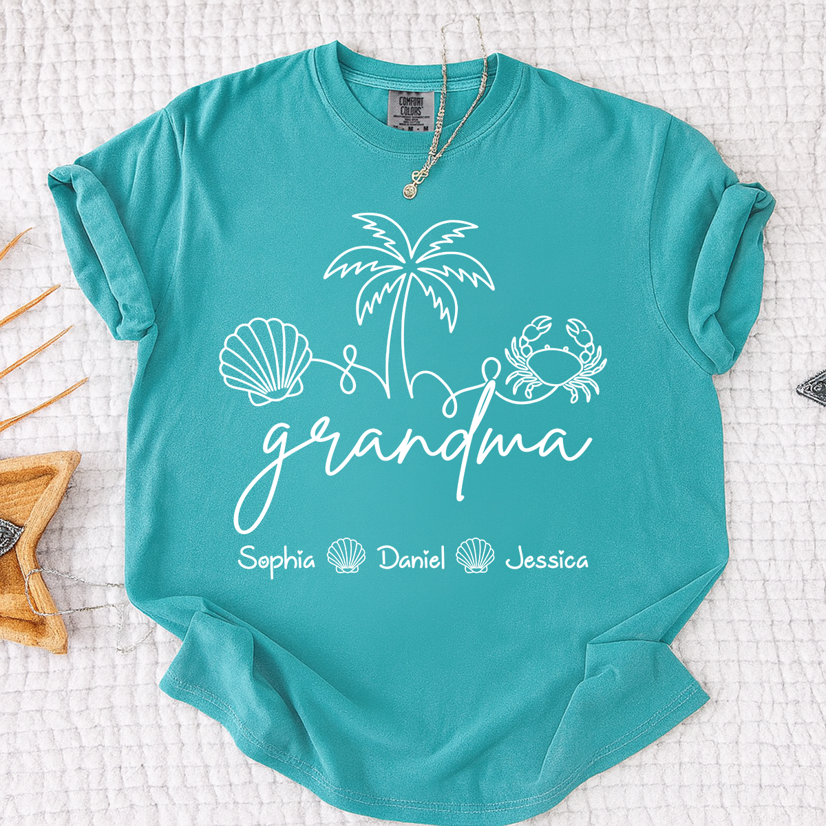 Comfort Colors Personalized Grandma Shirt with Grandkids Names, Custom Beach Line Art Tee, Palm Tree Shell Crab Family T-Shirt