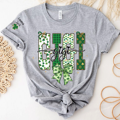 Lucky Gigi St Patrick’s Day T Shirt, Green Clover Bow Design, Gift For Grandma And Grandchildren