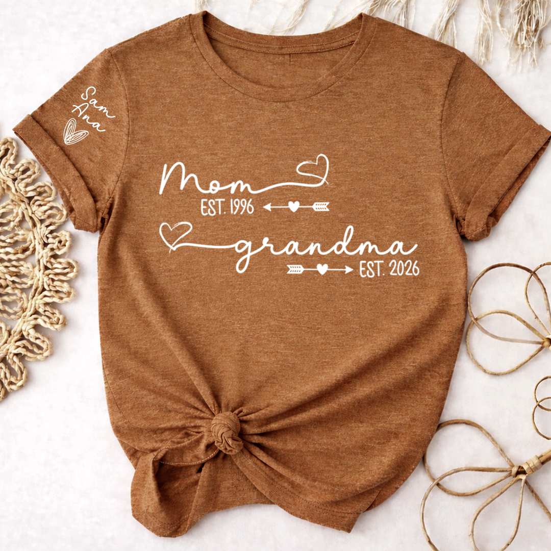 Personalized Mom and Grandma Shirt, Custom EST Year T-Shirt with Heart and Arrow Design for Mom and Grandma