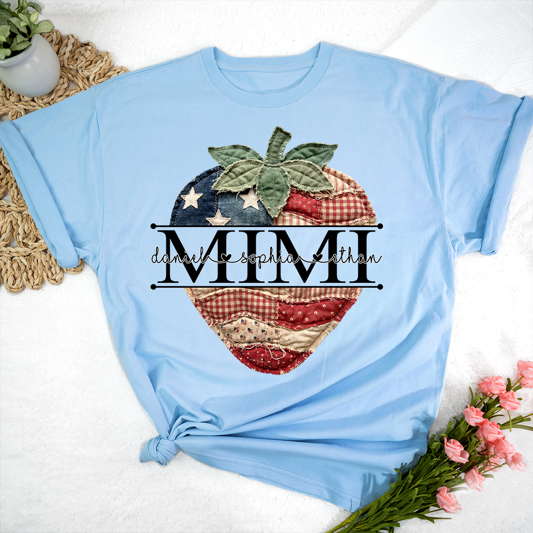 Custom 4th of July Mimi Strawberry T-Shirt, Personalized Patriotic Red White Blue Tshirt