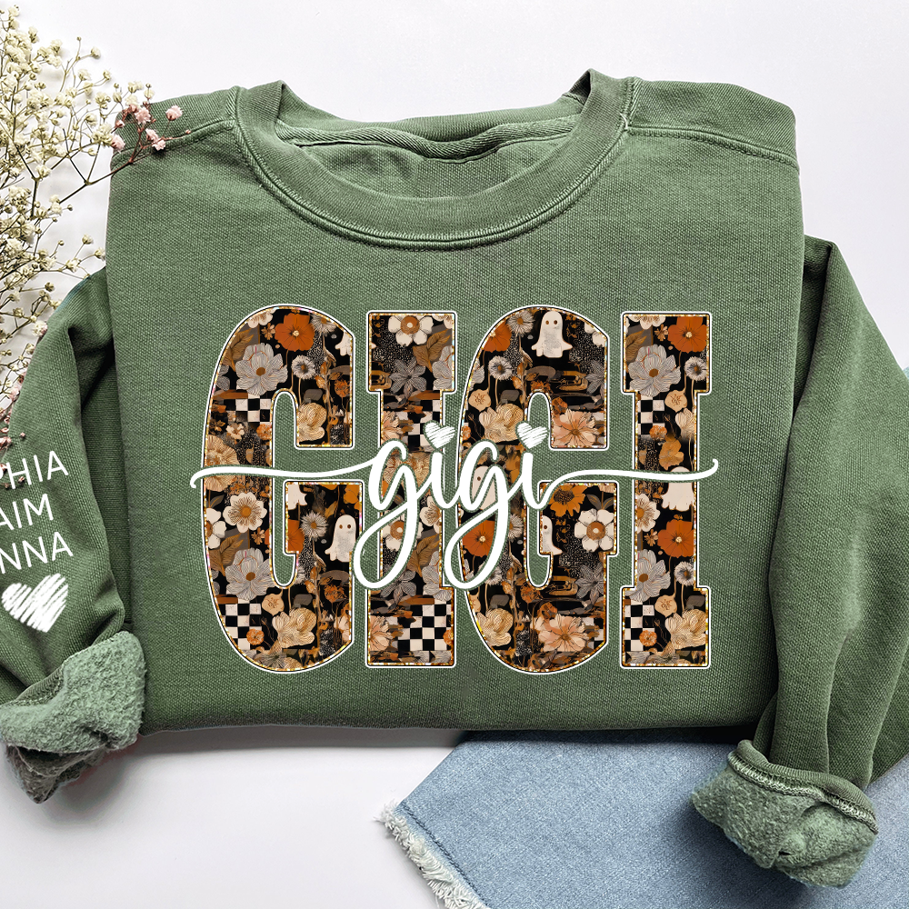 Personalized Gigi Spooky Halloween Sweatshirt with kids’ names on sleeves, Give Family