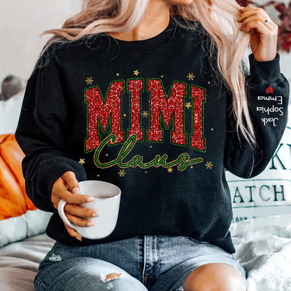 Personalized Mimi Claus Glitter Sweatshirt - Custom Christmas Sweater with Grandkids' Names - Festive Holiday Apparel for Grandmas