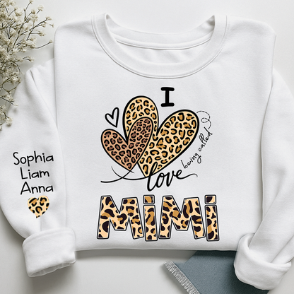I Love Mimi Sweatshirt with Leopard Heart Design, Personalized Family Crewneck for Valentine