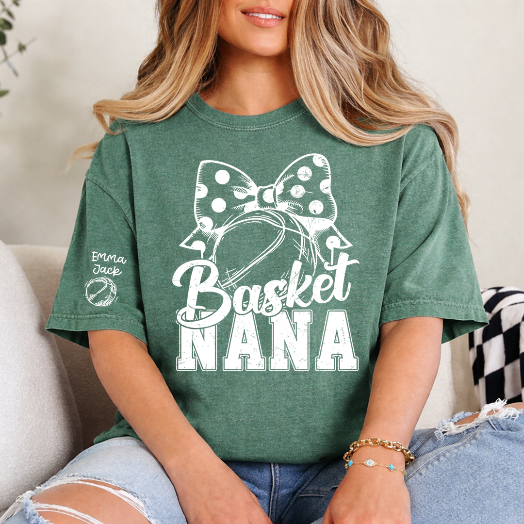 Black And White T-shirt With Basketball Print, Mimi Style, Can Be Printed With Grandchildren's Names, Suitable As A Gift For Grandma