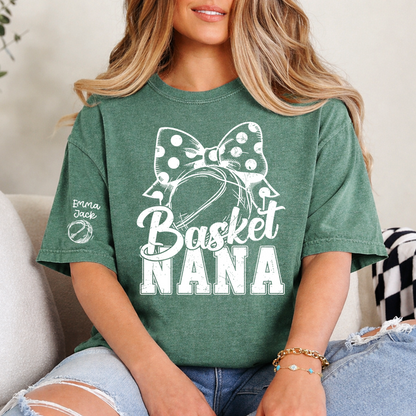 Black And White T-shirt With Basketball Print, Mimi Style, Can Be Printed With Grandchildren's Names, Suitable As A Gift For Grandma
