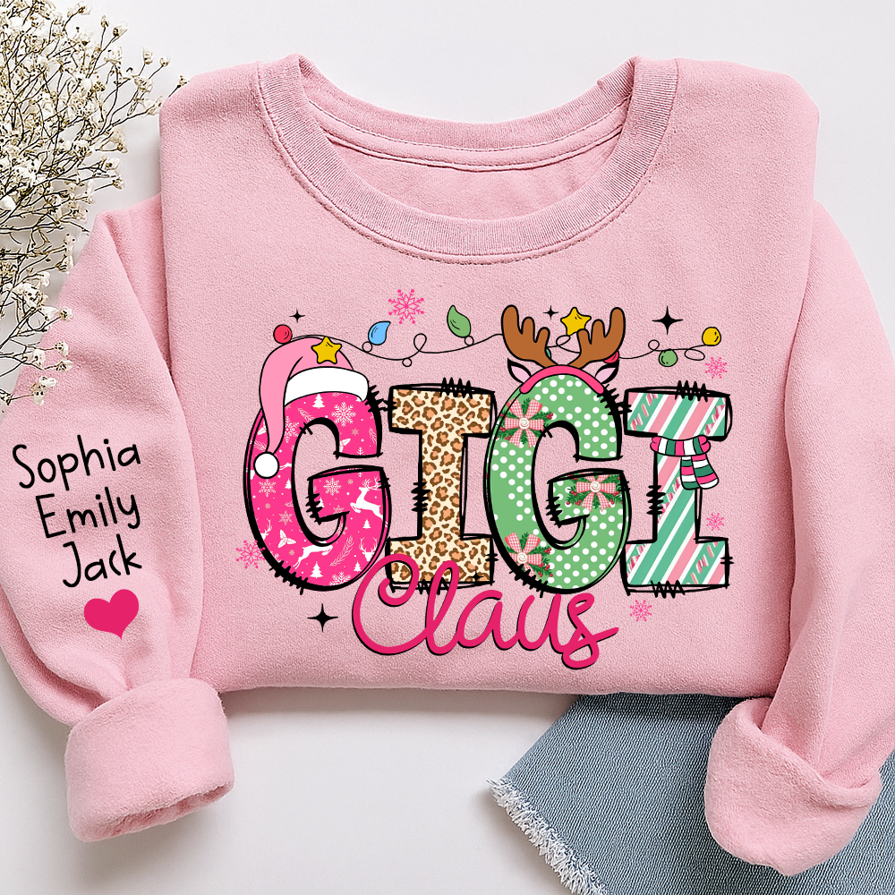 Personalized Grandma Sweatshirt, Merry Christmas Design with Grandchild's Name on Sleeve