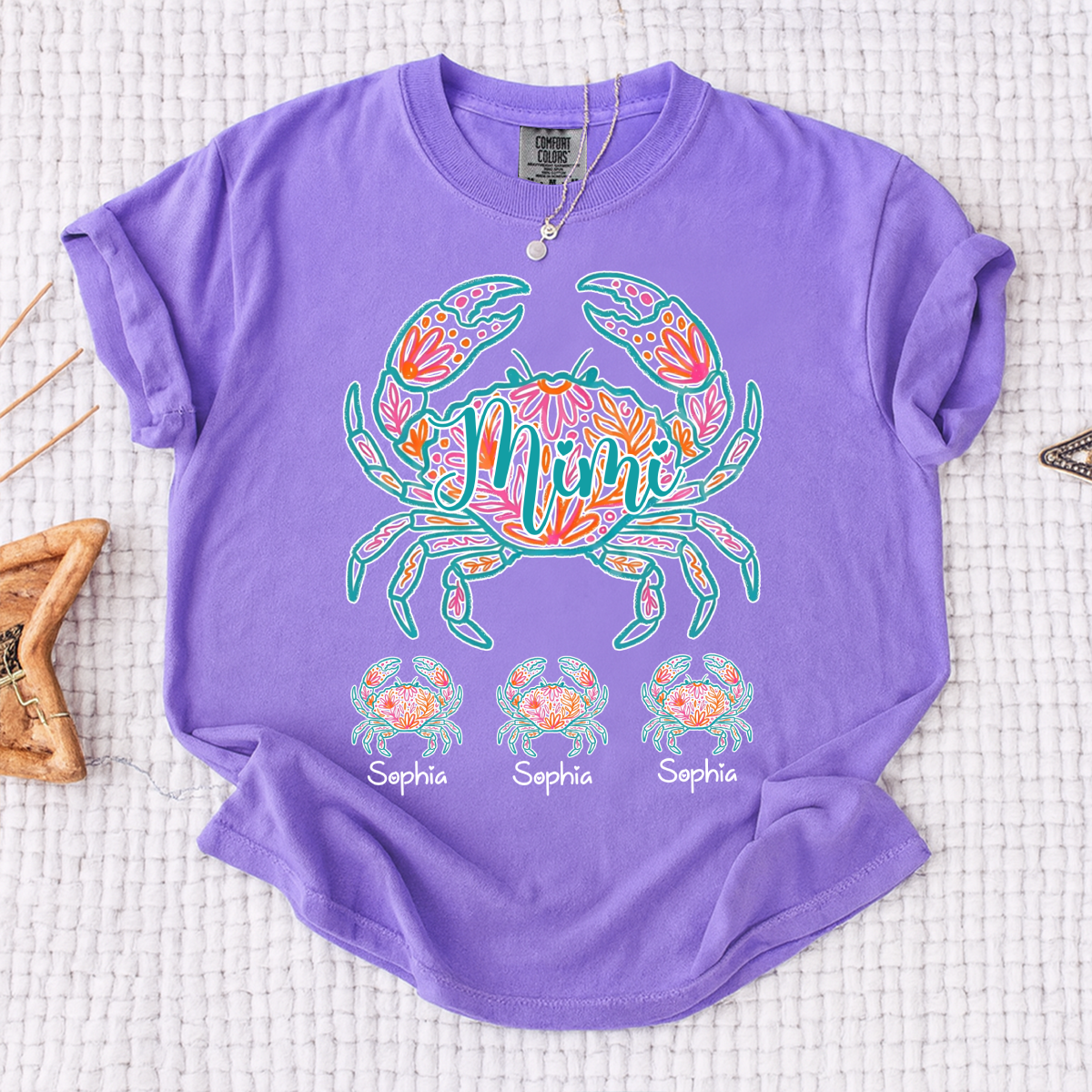 Comfort Colors Personalized Floral Crab Shirt for Women – Custom Name Cancer Zodiac Graphic Tee, Cute Beach Summer T-Shirt