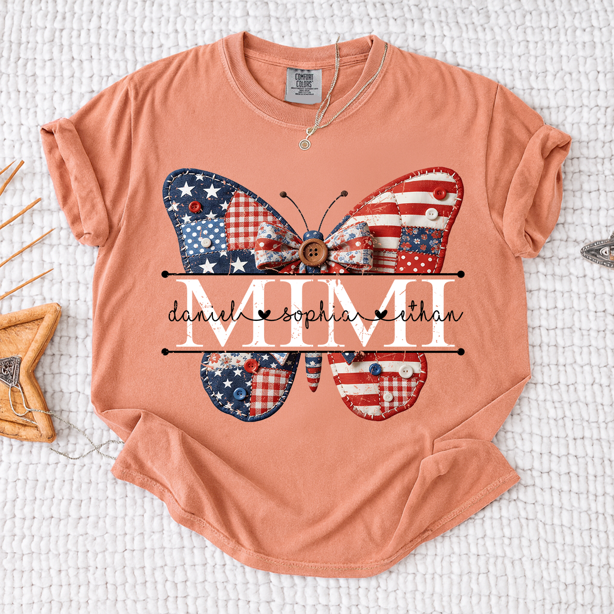 Comfort Mimi Patriotic Shirt, Custom Names with USA Flag and Floral Butterfly Graphic