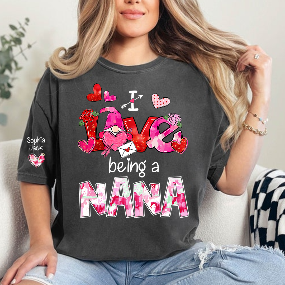 Personalized I Love Being A Nana Valentine T-shirt, Cute Bow and Strawberry Design for Grandma and Kids