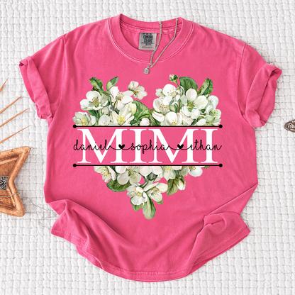Comfort Custom Mimi T Shirt with Grandkids Names, White Floral Heart Family Tee
