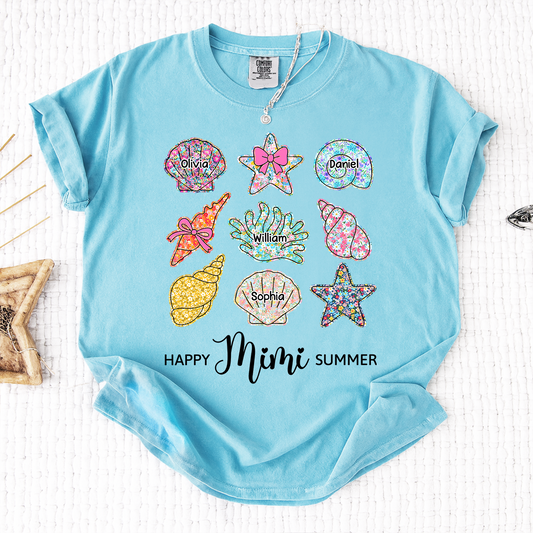 Comfort Colors Personalized Mimi Summer Beach Shirt with Grandkids Names, Custom Grandma Seashell Starfish T Shirt for Women