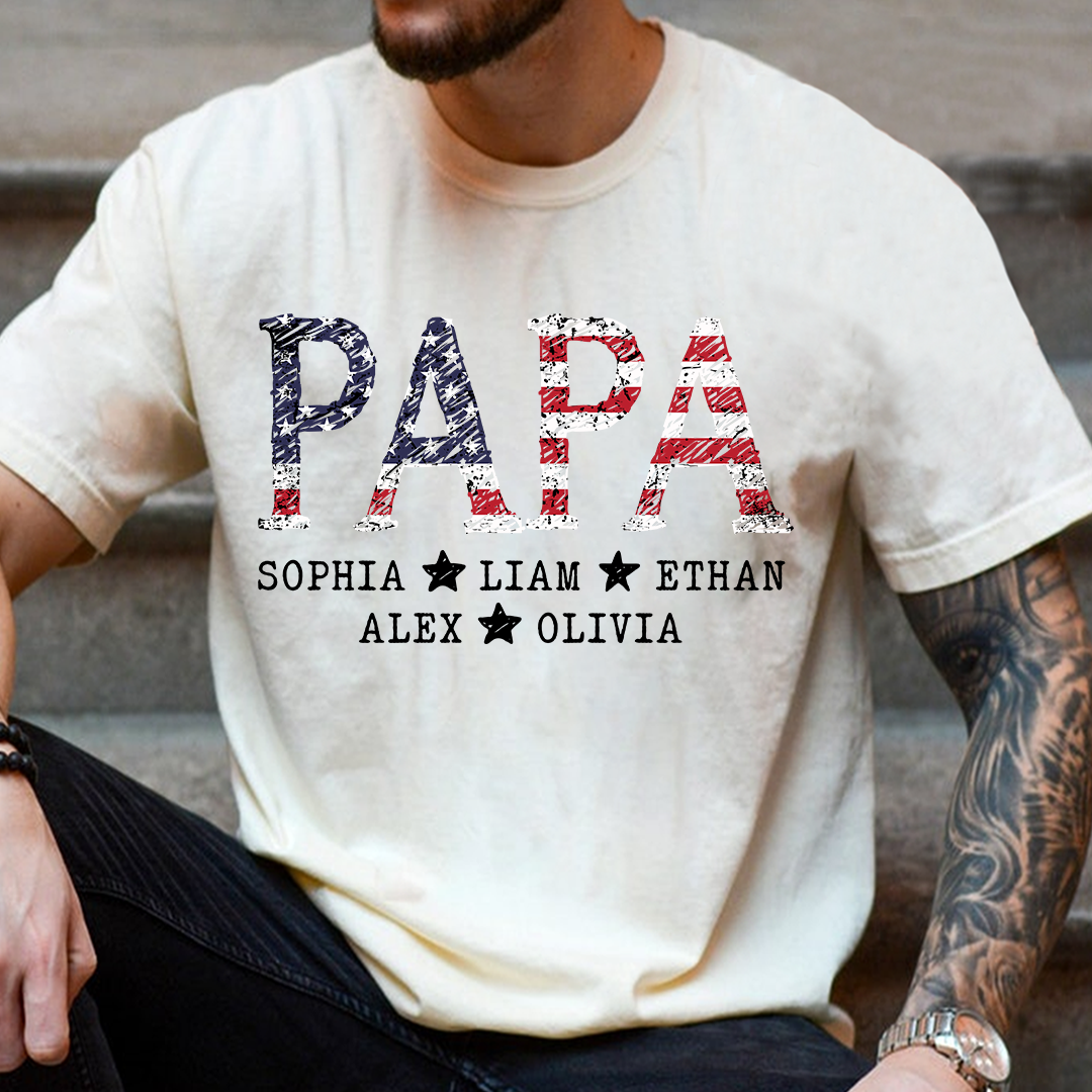 Personalized Papa 4th July Independence Day American Flag T-Shirt, Patriotic gift for grandpa And Kids