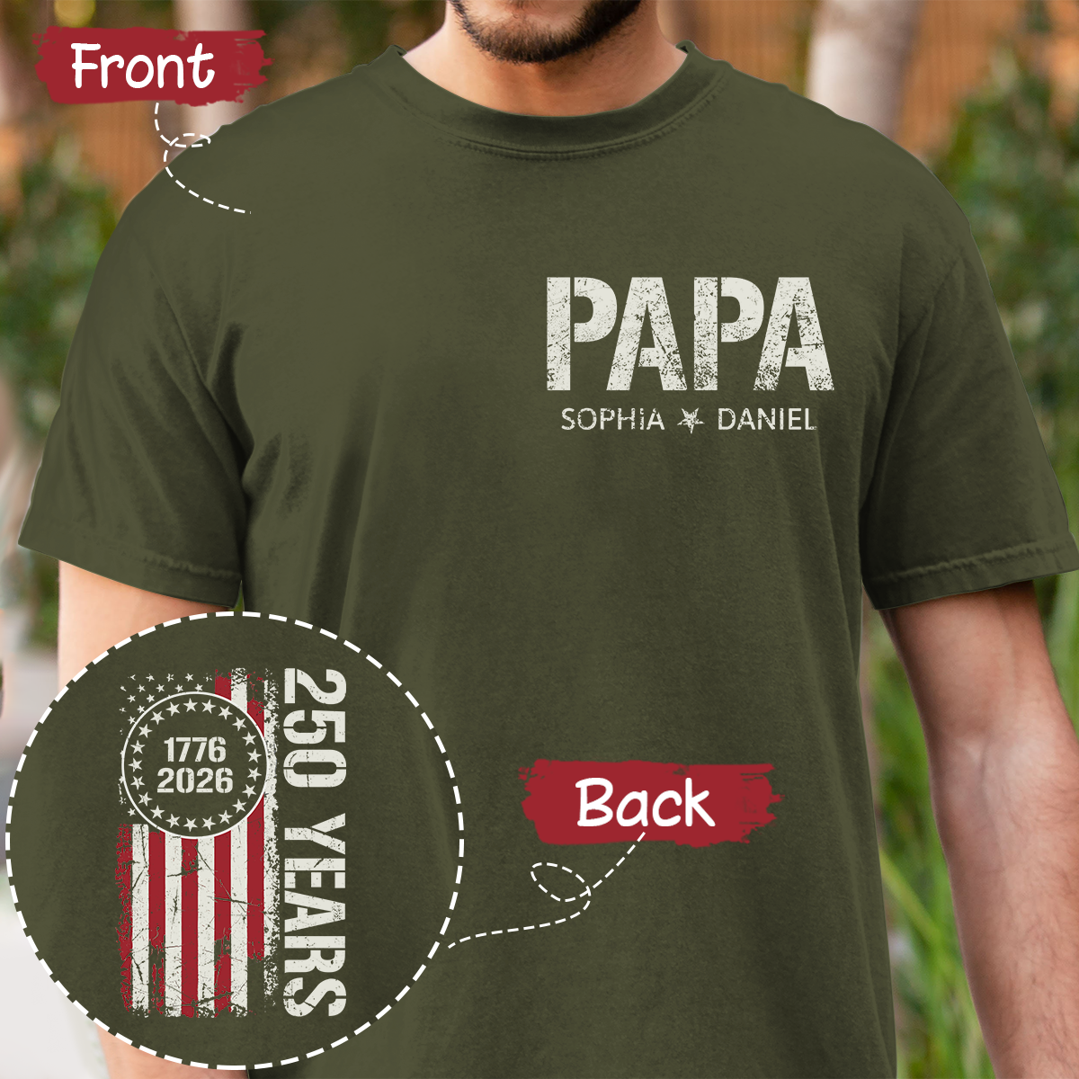 Personalized Papa T Shirt, Custom Family Names with Patriotic 250 Years of America Design, Perfect Gift for Father's Day