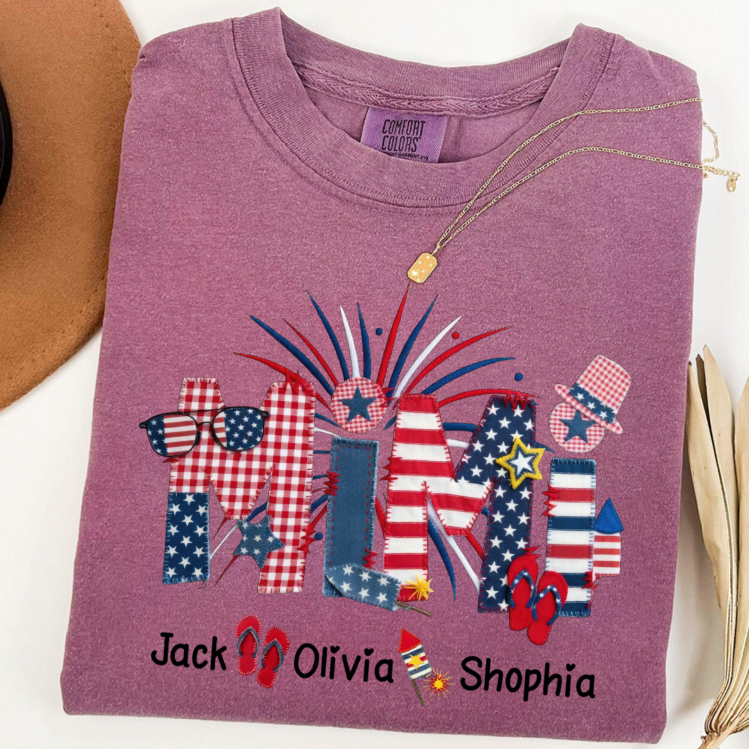 Comfort Colors Mimi Custom T Shirt with Patriotic Design & Grandkids' Names, Perfect for 4th of July