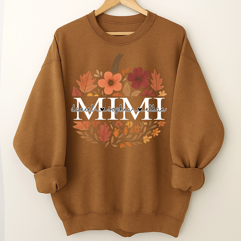Mimi Pumpkin Floral Sweatshirt, Custom Grandchildren Names Fall Shirt, Personalized Autumn Grandma Gift, Cozy Family Outfit