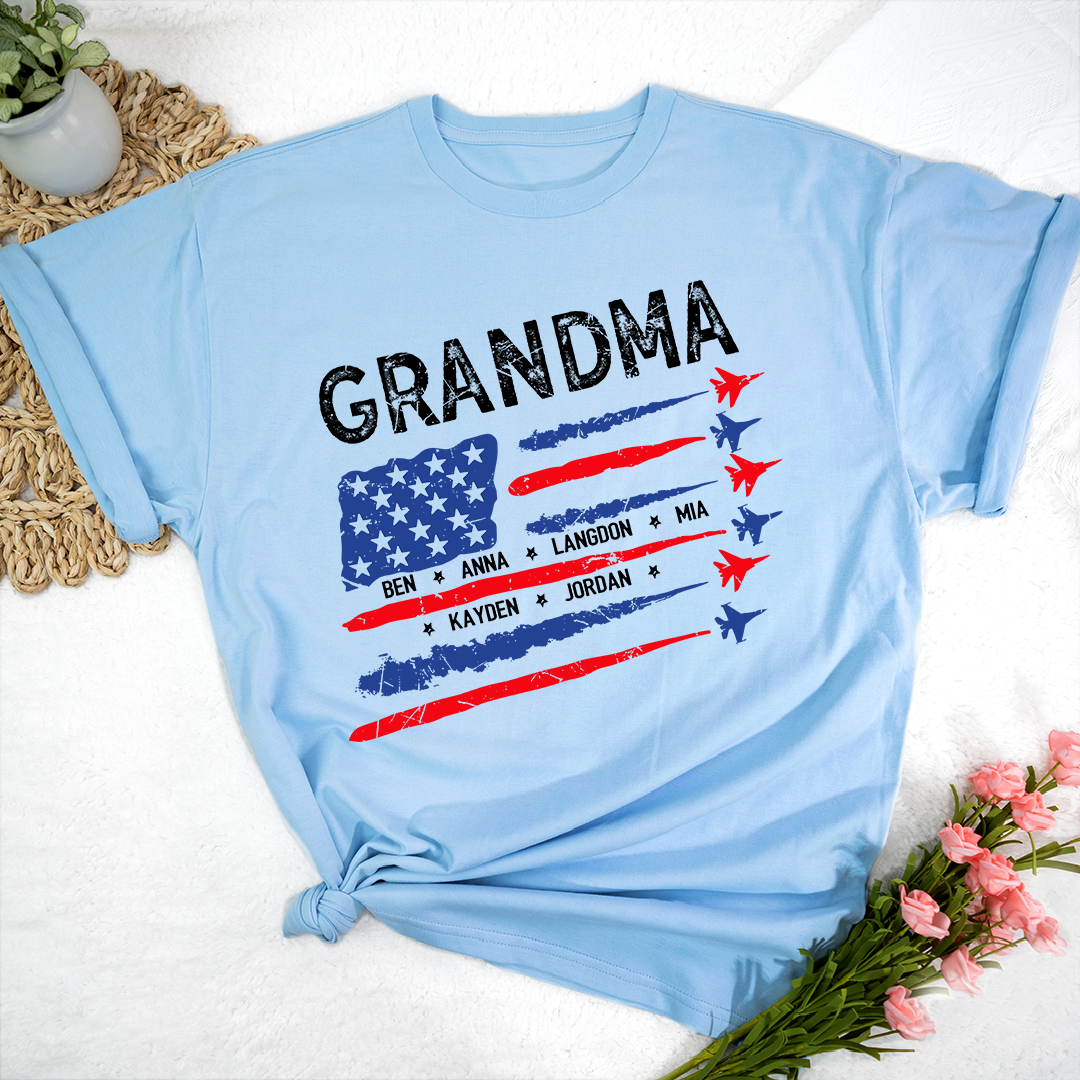 Patriotic Grandma Shirt with American Flag and Fighter Jet Design for 4th of July
