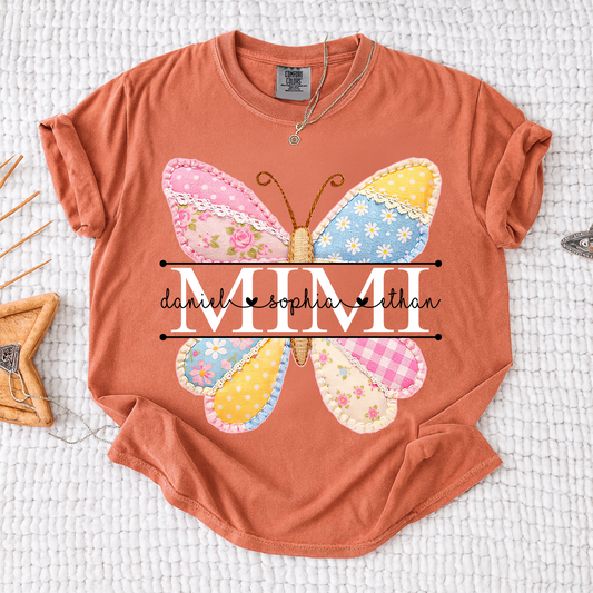 Comfort Colors Vibrant Mimi Shirt with Pink and Yellow Butterfly Patchwork, Custom Grandkids Names