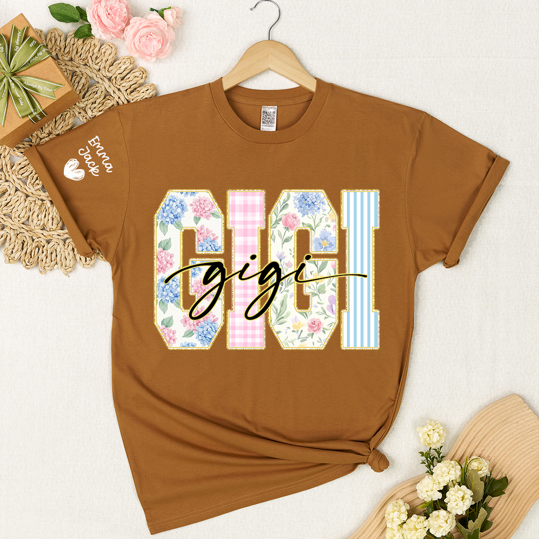 Custom Gigi T Shirt for Women, Personalized Grandma Tee, Floral Pattern Letters Graphic Shirt, Family Love Gift for Gigi