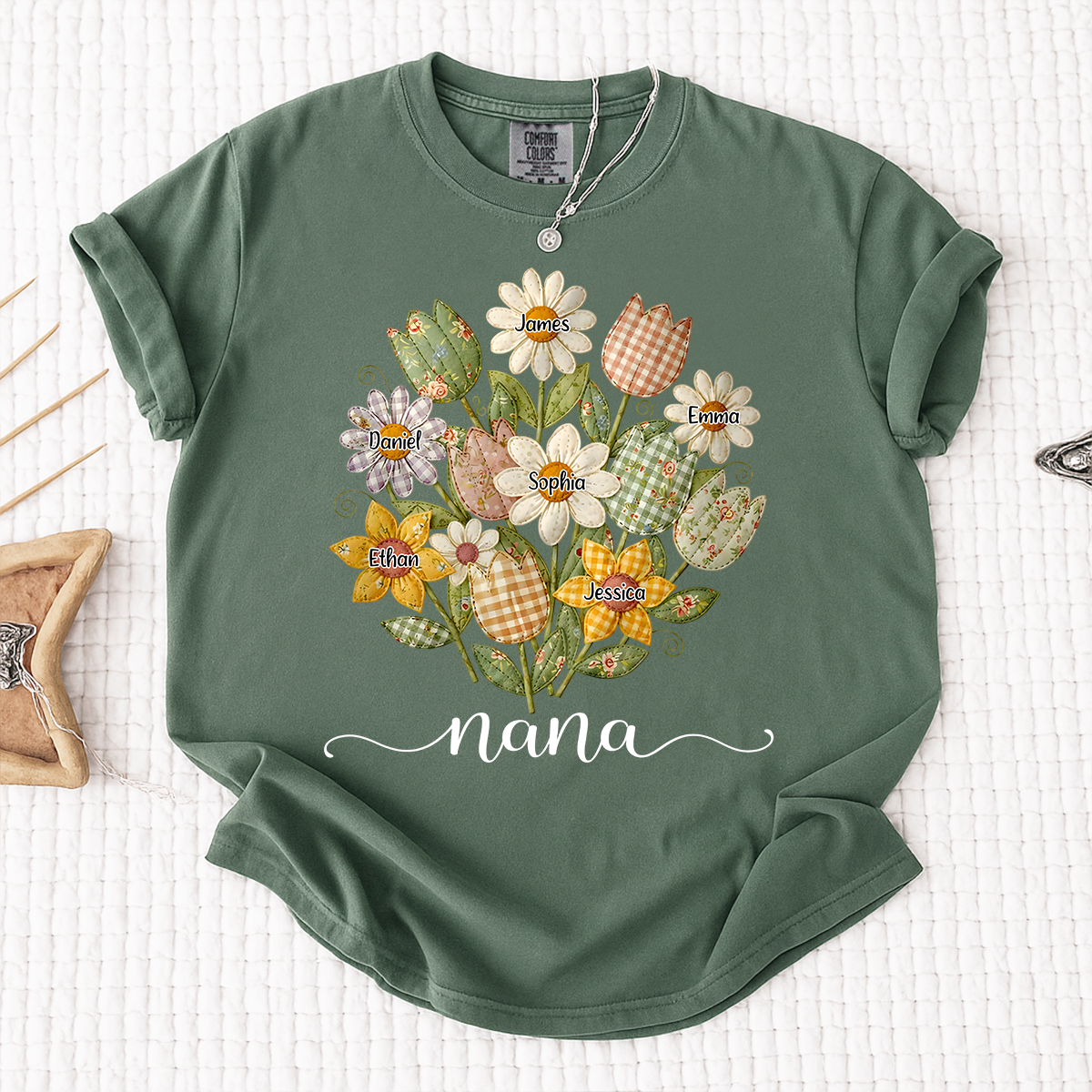 Comfort Colors Personalized Nana Shirt with Grandkids Names, Custom Flower Bouquet Grandma T Shirt, Family Gift for Nana