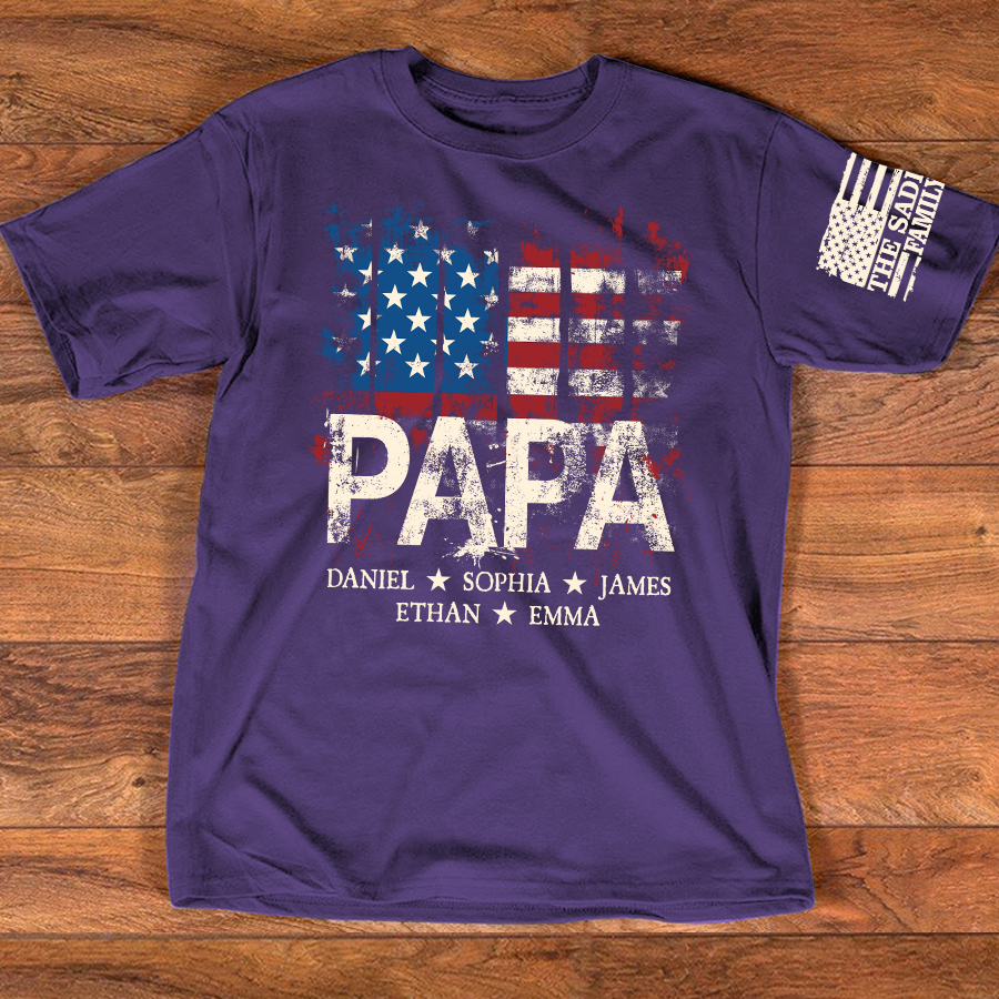 Personalized Papa Shirt for 4th of July – American Flag Custom Dad Gift with Family Name and Kids Names