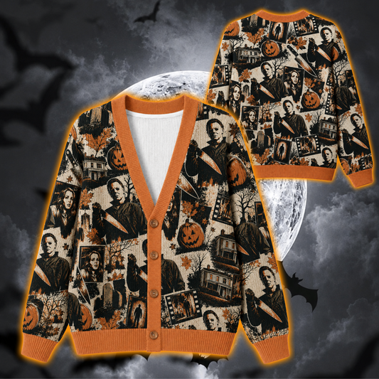Michael Myers Halloween Cardigan, Horror Movie Knitted Sweater, Vintage Slasher All Over Print Cardigan, Spooky Fall Horror Fan Gift