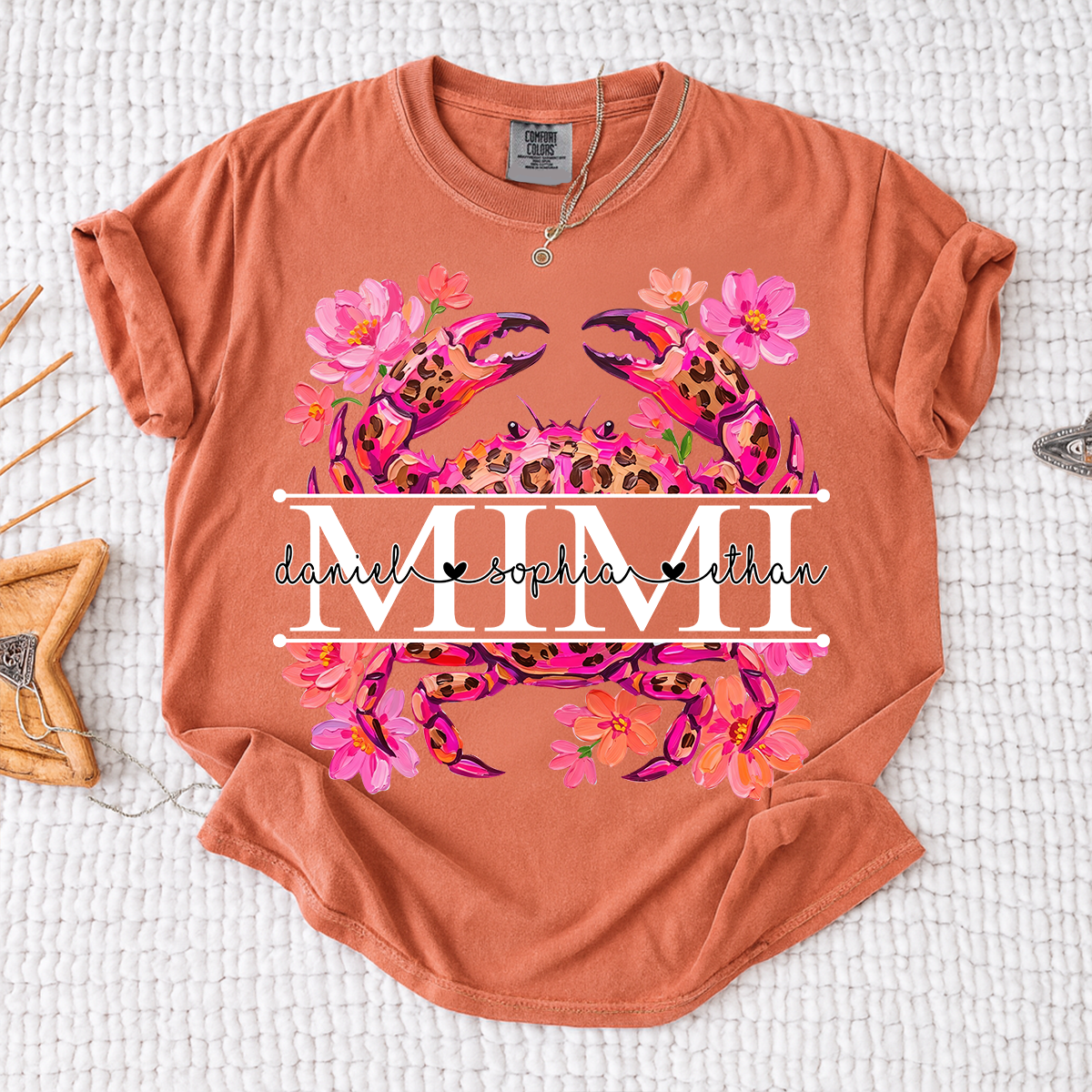 Comfort Colors® Personalized Mimi Crab Shirt with Grandkids Names, Custom Grandma Tee, Floral Leopard Beach Design T Shirt for Mimi Gift