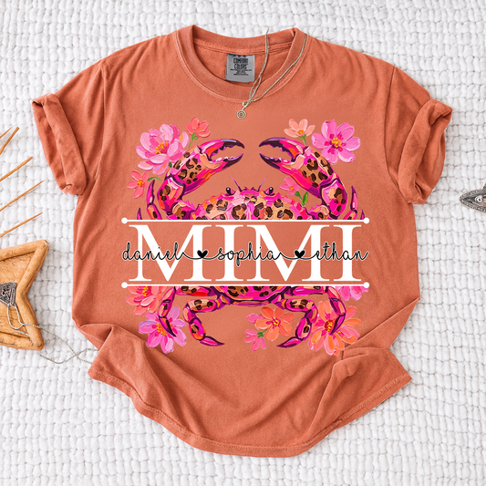 Comfort Colors® Personalized Mimi Crab Shirt with Grandkids Names, Custom Grandma Tee, Floral Leopard Beach Design T Shirt for Mimi Gift