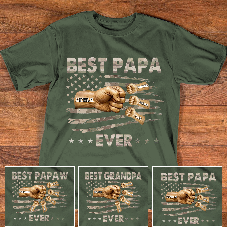 Personalized Best Papa Ever Shirt, Custom Fist Bump Family Names Tee for Papa Grandpa Dad, Patriotic American Flag Fathers Day Shirt