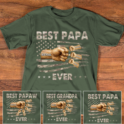 Personalized Best Papa Ever Shirt, Custom Fist Bump Family Names Tee for Papa Grandpa Dad, Patriotic American Flag Fathers Day Shirt