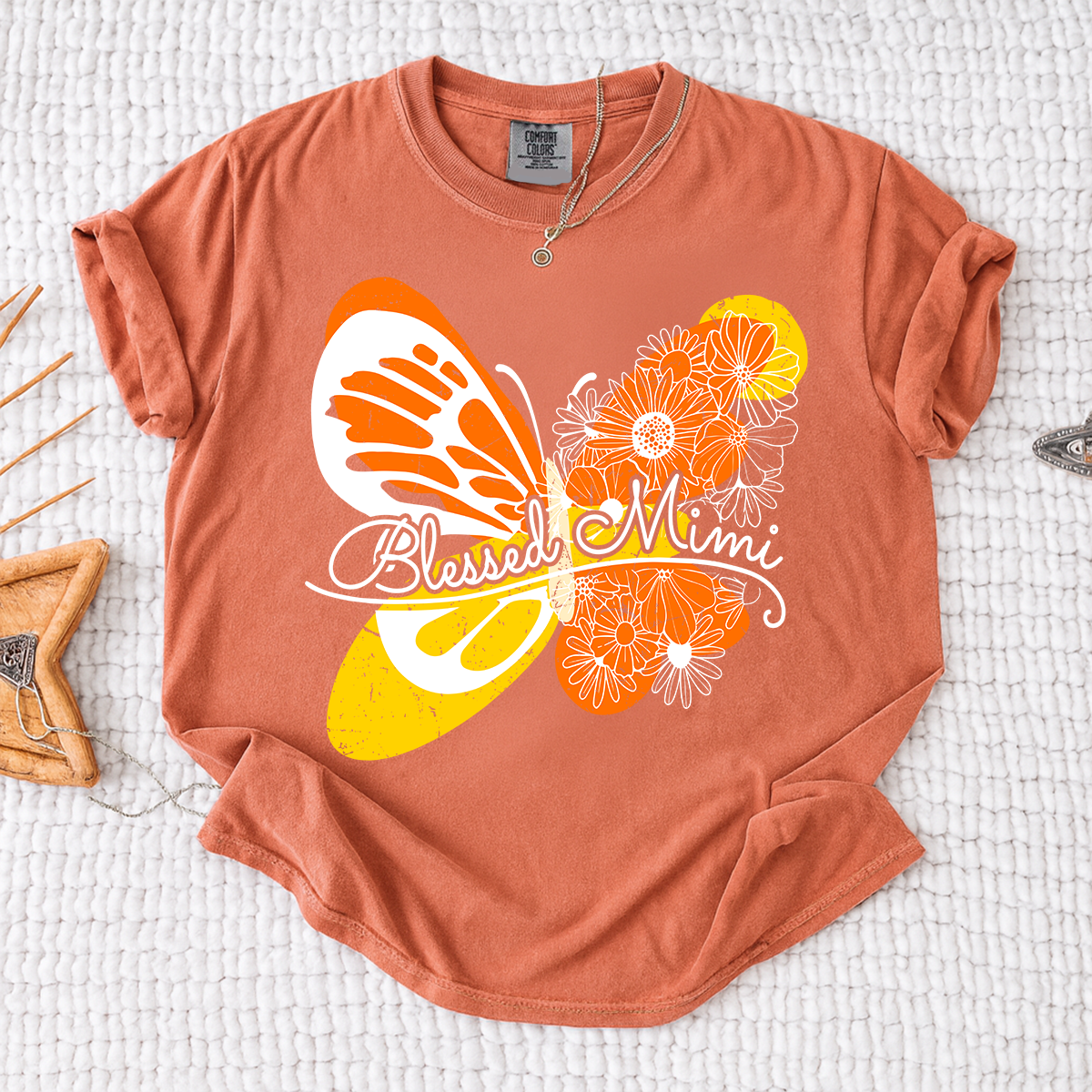 Comfort Colors Personalized Blessed Mimi Shirt with Butterfly and Floral Design, Custom Grandkids Names