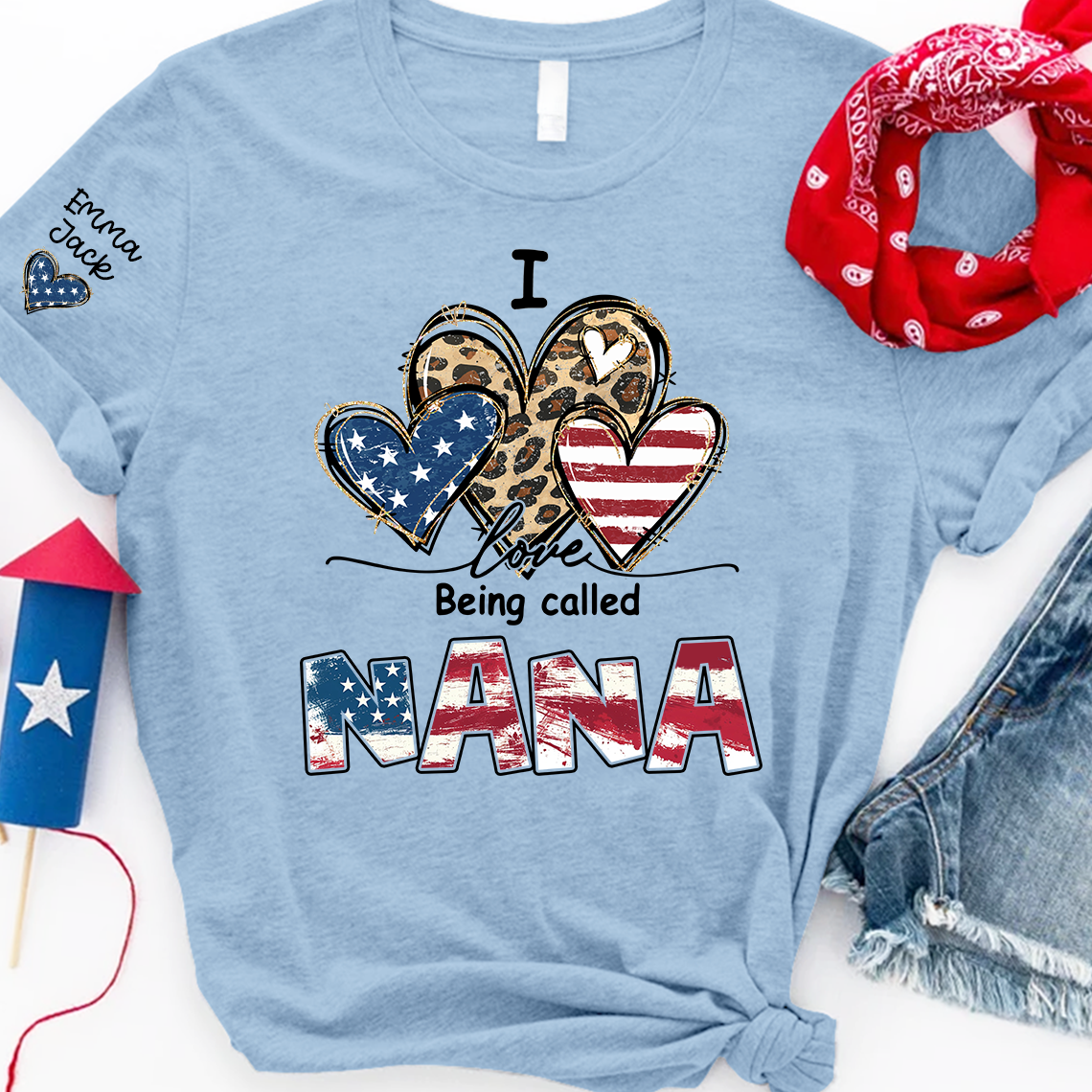 Custom I Love Being Called Nana Flag Heart T-shirt, Grandma Shirt with Kids, Mother's Day Gift for Grandma