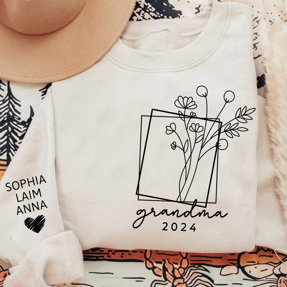Fall Floral Design Sweatshirt with Flowers, Custom Nickname Grandma And Kids