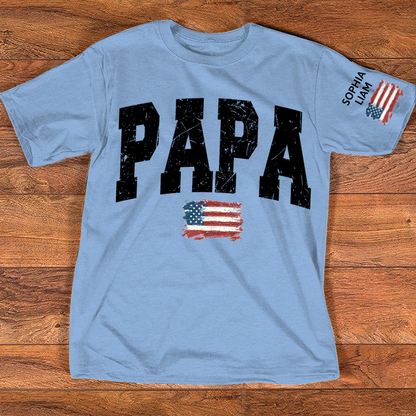 Personalized American Flag Printed Papa T-Shirt, With Custom Grandpa And Kids