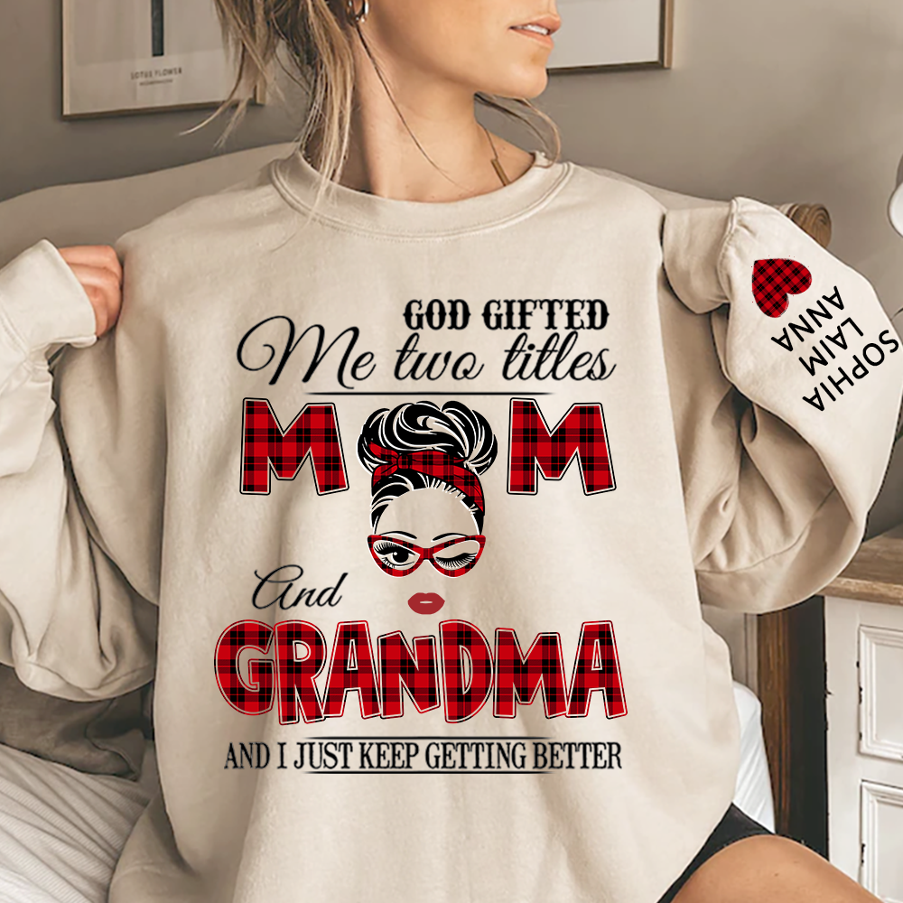 Personalized Mom & Grandma Sweatshirt – “God Gifted Me Two Titles” Custom Family Design, Perfect Christmas Gift for Her