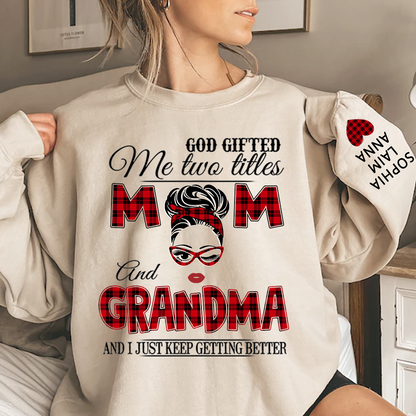 Personalized Mom & Grandma Sweatshirt – “God Gifted Me Two Titles” Custom Family Design, Perfect Christmas Gift for Her