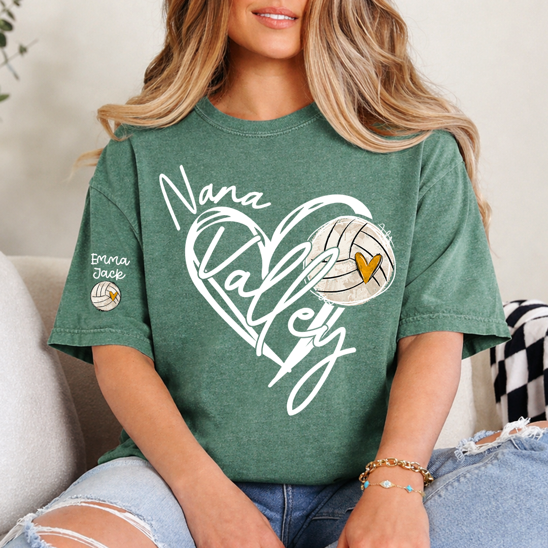 Personalized Nana Volleyball T Shirt, Custom Names with Heart and Volleyball Graphic
