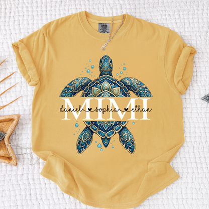 Comfort Colors Mimi Sea Turtle Shirt, Personalized Grandma Shirt with Grandchildren Names, Coastal Summer Gift for Mimi Nana
