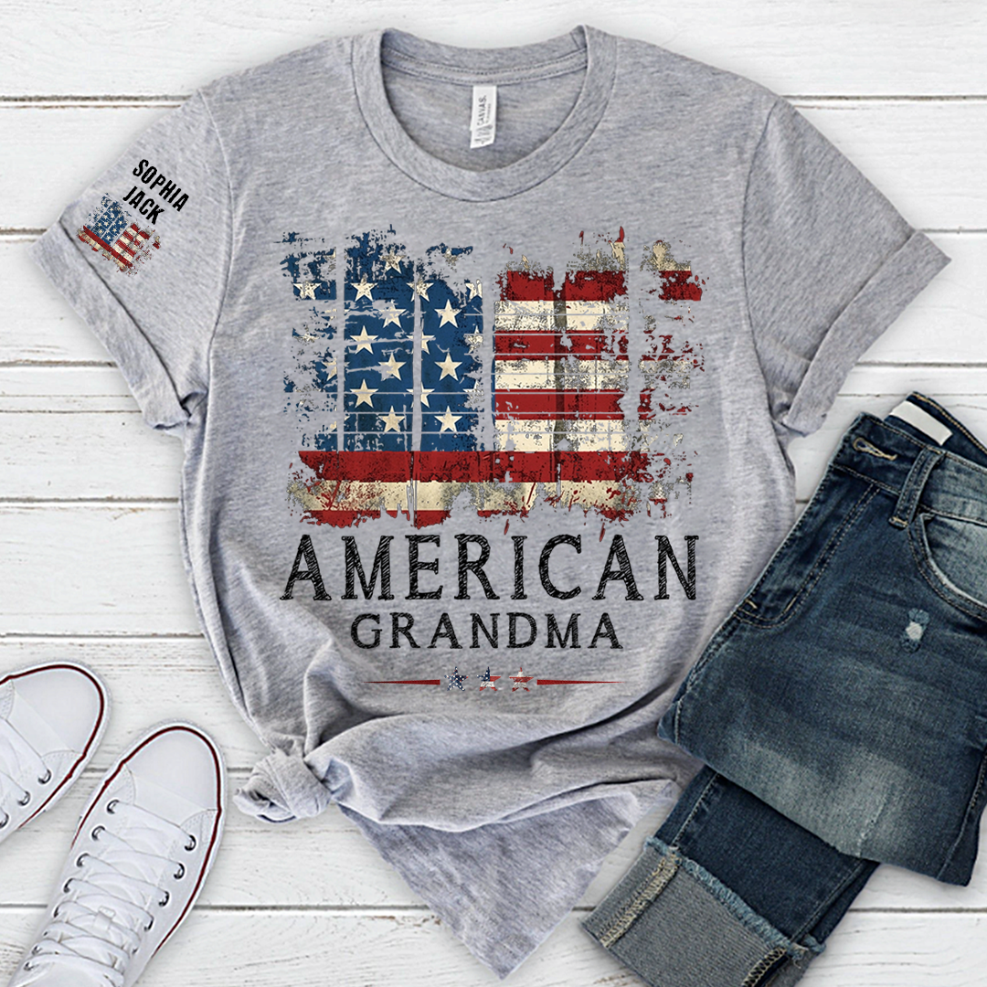 Personalized 4th of July Grandma T-Shirt, Distressed US Flag Gift for Grandmother