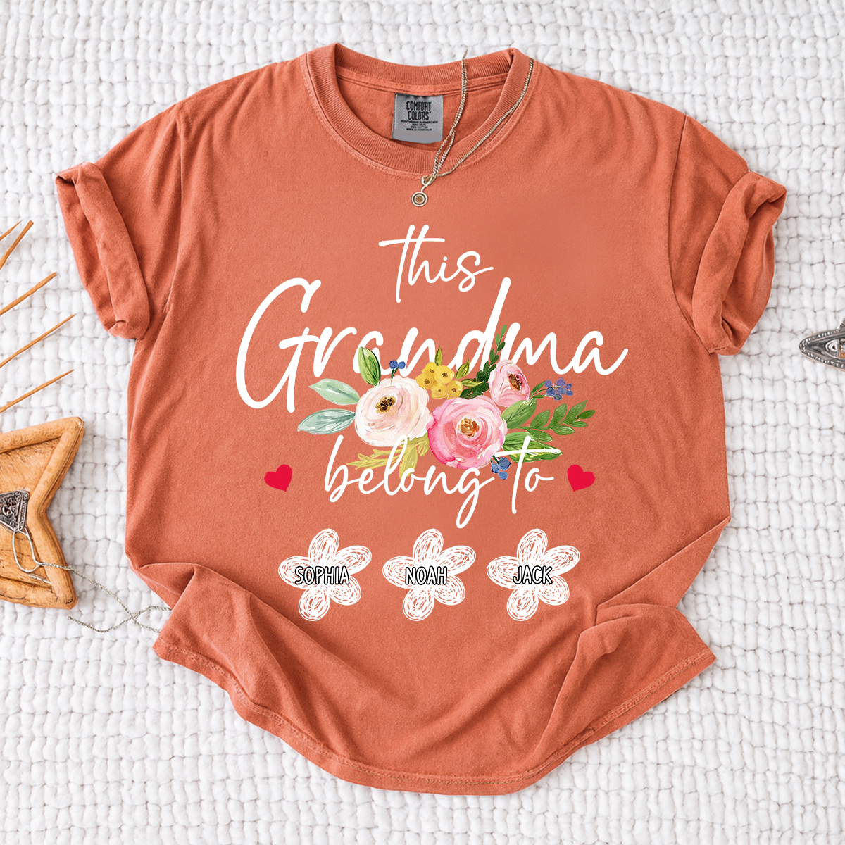 Comfort Colors Custom Grandma T-Shirt, This Grandma Belongs to Personalized with Kids Names and Flower Design