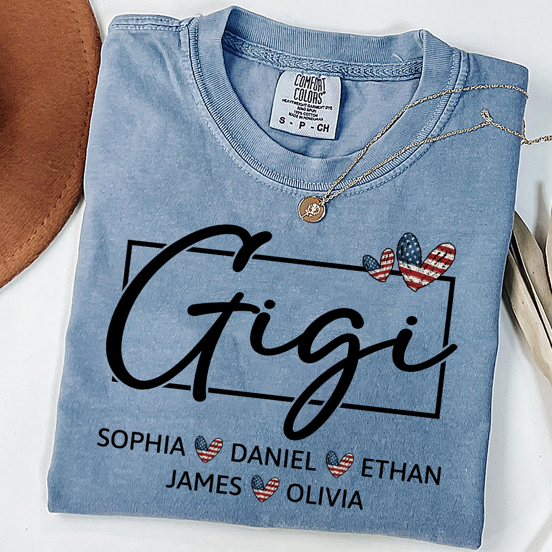 Comfort Colors Personalized Gigi Shirt with Children Names USA Flag Heart Graphic Custom Grandma Tee Stylish Script Design Family Gift Shirt