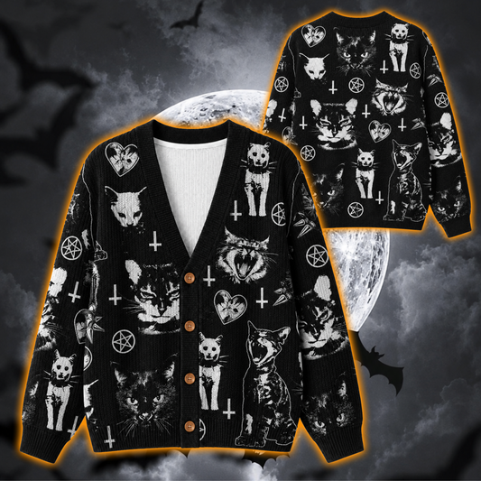Gothic Black Cat Halloween Cardigan, Spooky Cat Knitted Sweater, Witchy Grunge Oversized Cardigan, Alternative Halloween Outfit