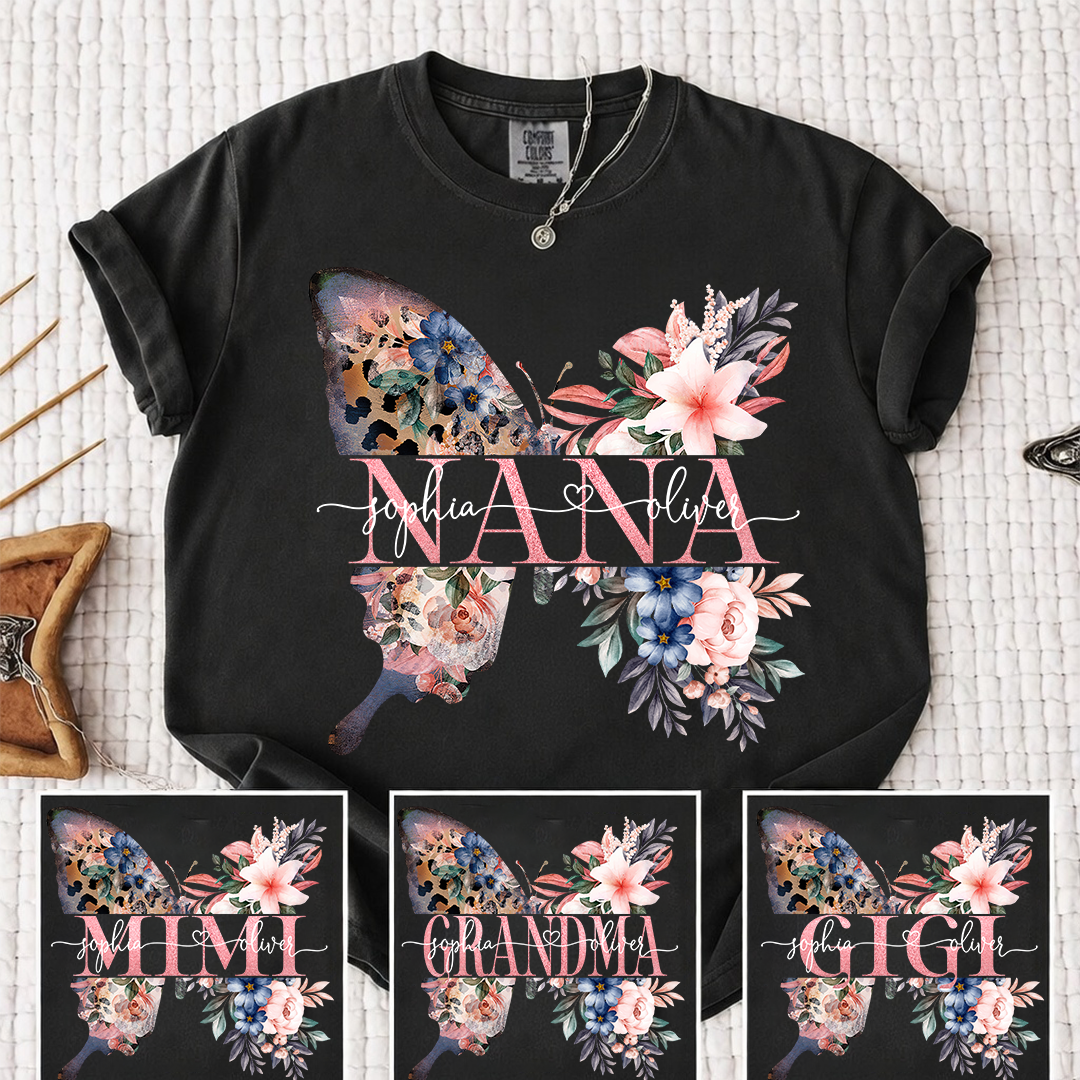 Comfort Colors Personalized Nana Shirt with Floral Butterfly Design Custom Name Grandma Mimi Gigi Family Tee Unique Grandkids Names Gift for Her